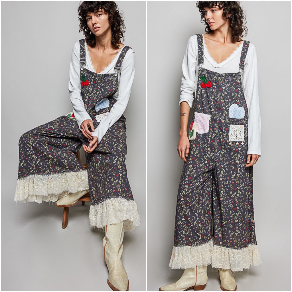 Pol Black Floral Heart Plaid Cherry Patch Lace Hem Wide Leg Overalls